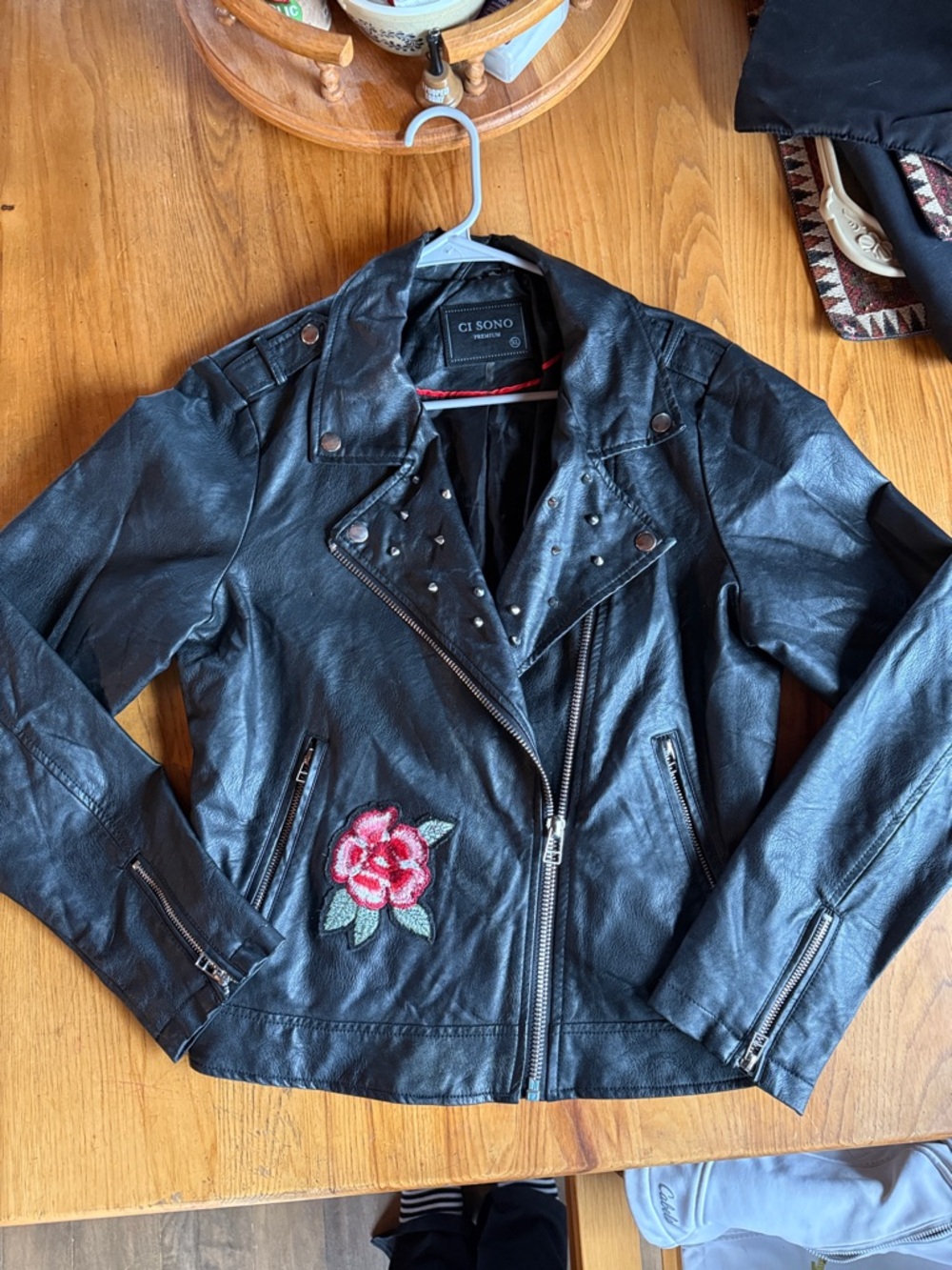 Ci Sono Black Faux Leather Studded Moto Jacket with Embroidered Rose
